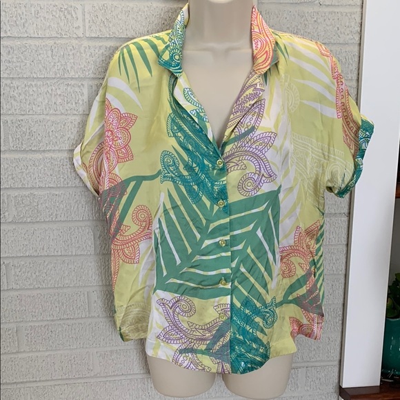 Maude Vivante Noelle Button Up Womens L Collared Camp Shirt Short Sleeve Print - Picture 1 of 13